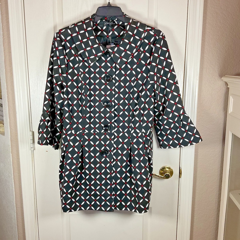 Eden Court Women's 1X Dress Coat Black Red White Graphic Print Button Front Flar